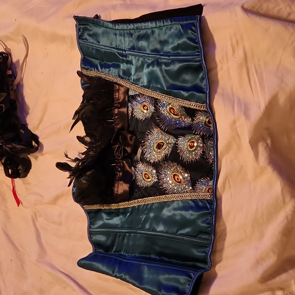 Teal Over Breast corset with feathers with panty